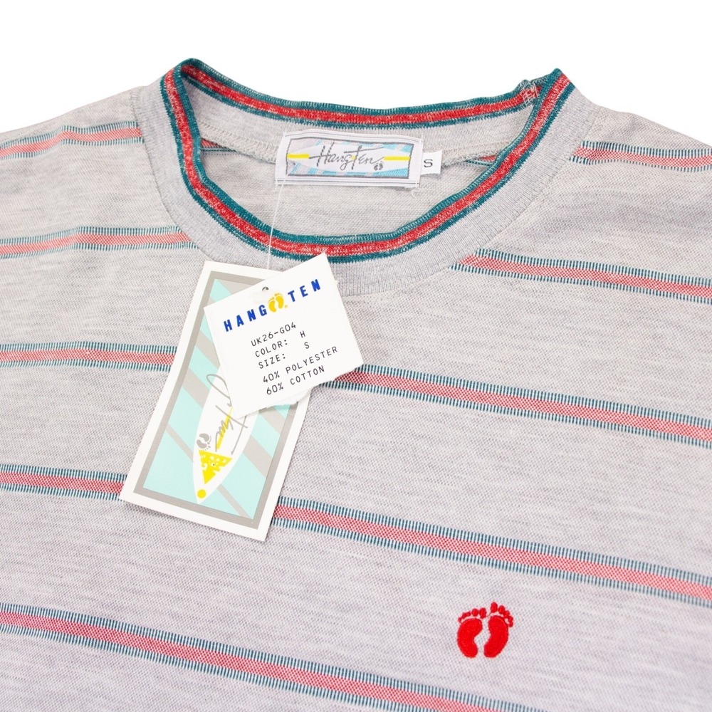 Vintage NWT Hang Ten‎ Mens Small Gray Striped Crewneck T Shirt Poly Cotton Blend